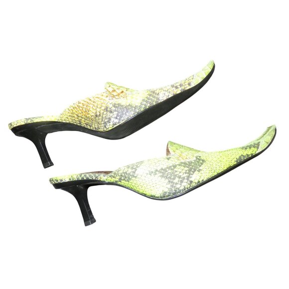 F Mode Verdon Green Viper Anis Snakeskin Italian Leather Square Toe Kitten Mules - Picture 6 of 14